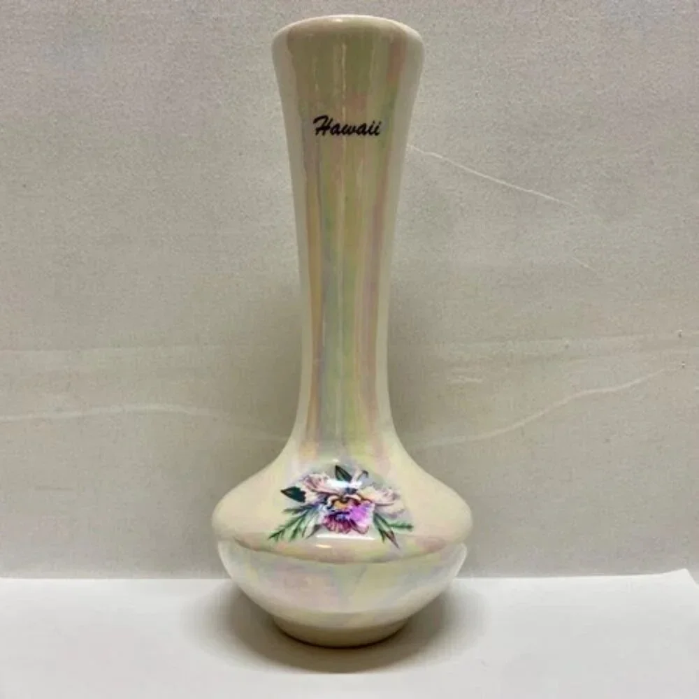 Hawaii Flower Vase Pearl Iridescent Ceramic Purple Hawaiin Iris‎ Orchid 7.5